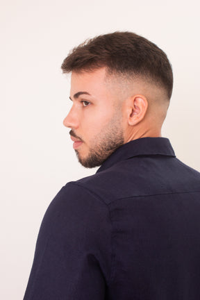 Camisa Masculina Manga Longa em Puro Linho Azul Marinho