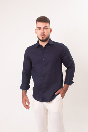 Camisa Masculina Manga Longa em Puro Linho Azul Marinho