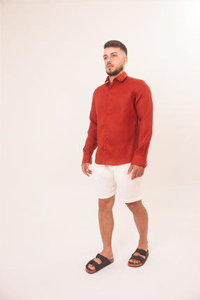 Camisa Masculina Manga Longa em Puro Linho Terracota