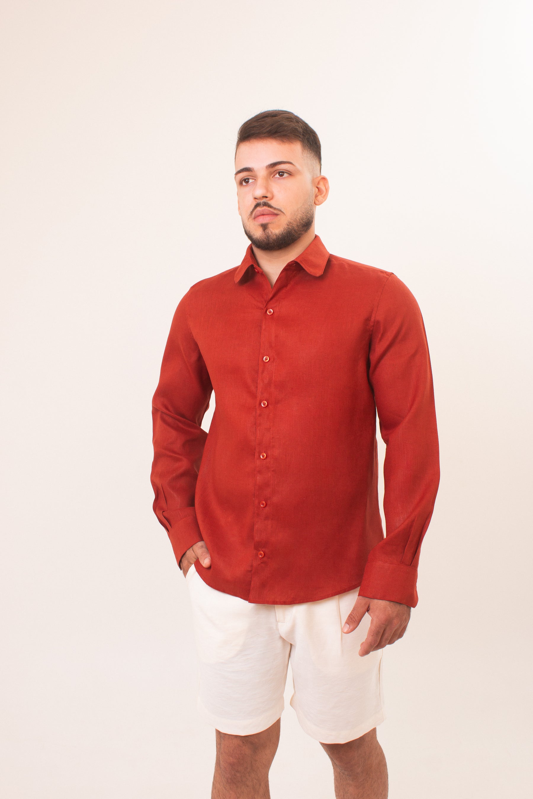 Camisa Masculina Manga Longa em Puro Linho Terracota