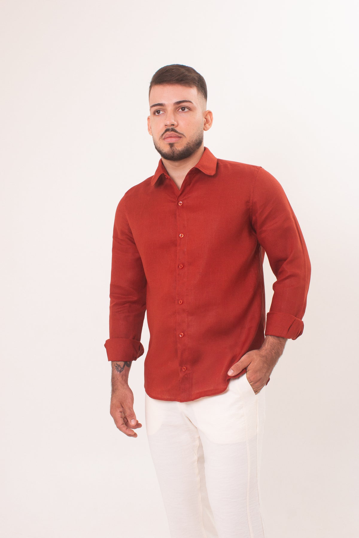 Camisa Masculina Manga Longa em Puro Linho Terracota